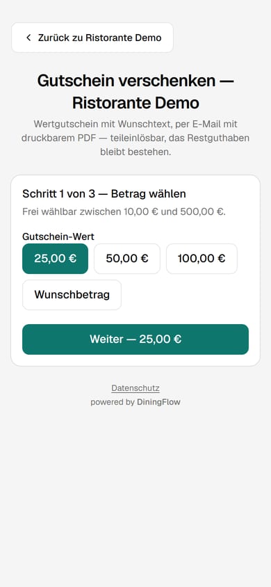 Öffentlicher Gutschein-Shop des Ristorante Demo auf dem Handy, Schritt „Betrag wählen“: Vorschlags-Beträge und Wunschbetrag innerhalb der eingestellten Grenzen.