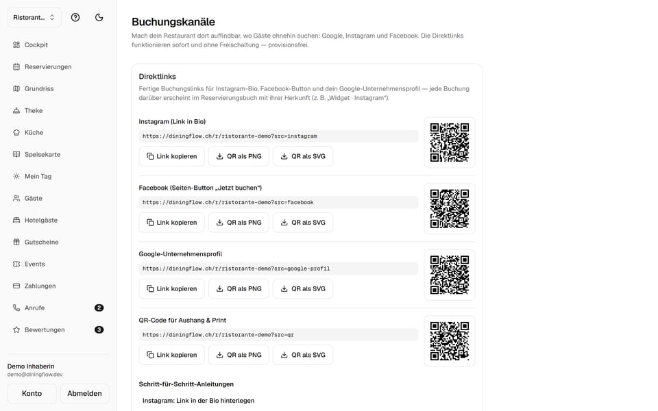 Buchungskanäle-Einstellungen des Ristorante Demo: Karte „Direktlinks“ mit vier fertigen Einträgen für Instagram, Facebook, Google-Unternehmensprofil und Aushang-QR — je mit Kopieren-Knopf, QR-Vorschau und PNG-/SVG-Download.