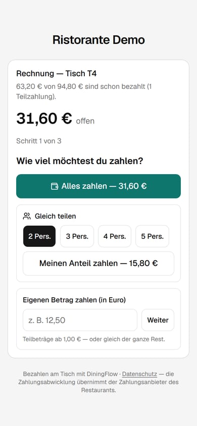 Öffentliche Bezahlseite der QR-Zahlung auf dem Handy: Gesamtbetrag und offener Restbetrag des Demo-Tisches, darunter die Wahl zwischen „Alles zahlen“, Teilen und eigenem Betrag.