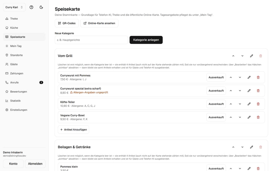 Speisekarten-Pflege des Food-Trucks Curry Karl: Stammkarte mit Kategorien und Artikeln, Preisen, Allergen-Kennzeichnung und „Ausverkauft“-Schalter je Gericht.