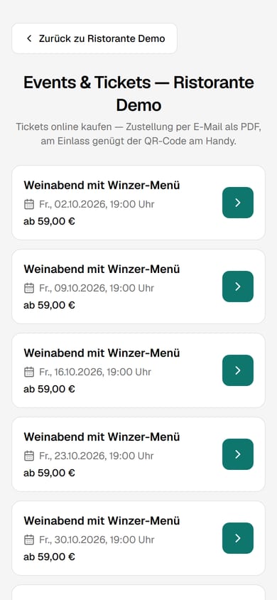 Öffentlicher Ticket-Shop des Ristorante Demo auf dem Handy: kommende Events als Karten mit Termin und „ab“-Preis — im Bild die Freitags-Termine des Weinabends mit Winzer-Menü.