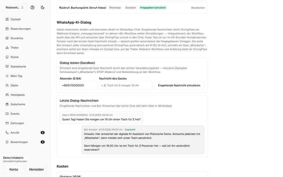 Kommunikations-Einstellungen des Ristorante Demo: WhatsApp-KI-Dialog und der Verlauf „Letzte Dialog-Nachrichten“ — die Bot-Antwort beginnt mit der KI-Kennzeichnung.