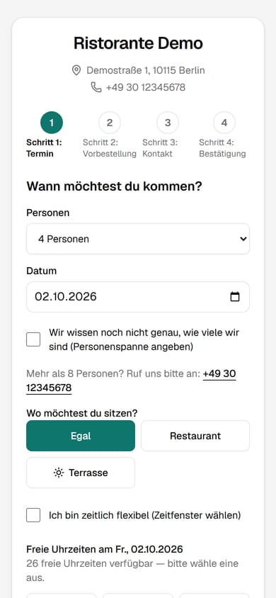 Buchungs-Widget des Ristorante Demo auf dem Handy, Schritt 1: Personenzahl, Datum, Bereichswahl und freie Uhrzeiten des Abends.